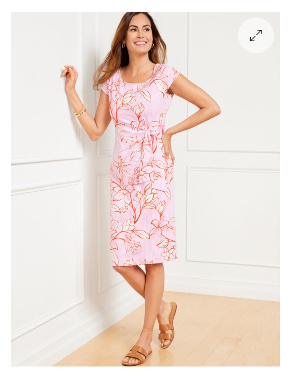 Talbots Coral Floral Tie-Waist Midi Dress on Pale Pink Stripe. Medium